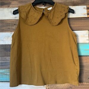 A New Day Mustard/ Brown Eyelet Embroidered Peter Pan Collar Tank Top | Size M